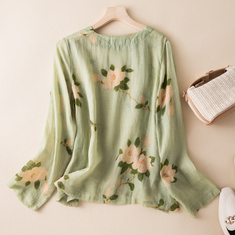 Women's Casual Floral Art Linen Blend Blouse