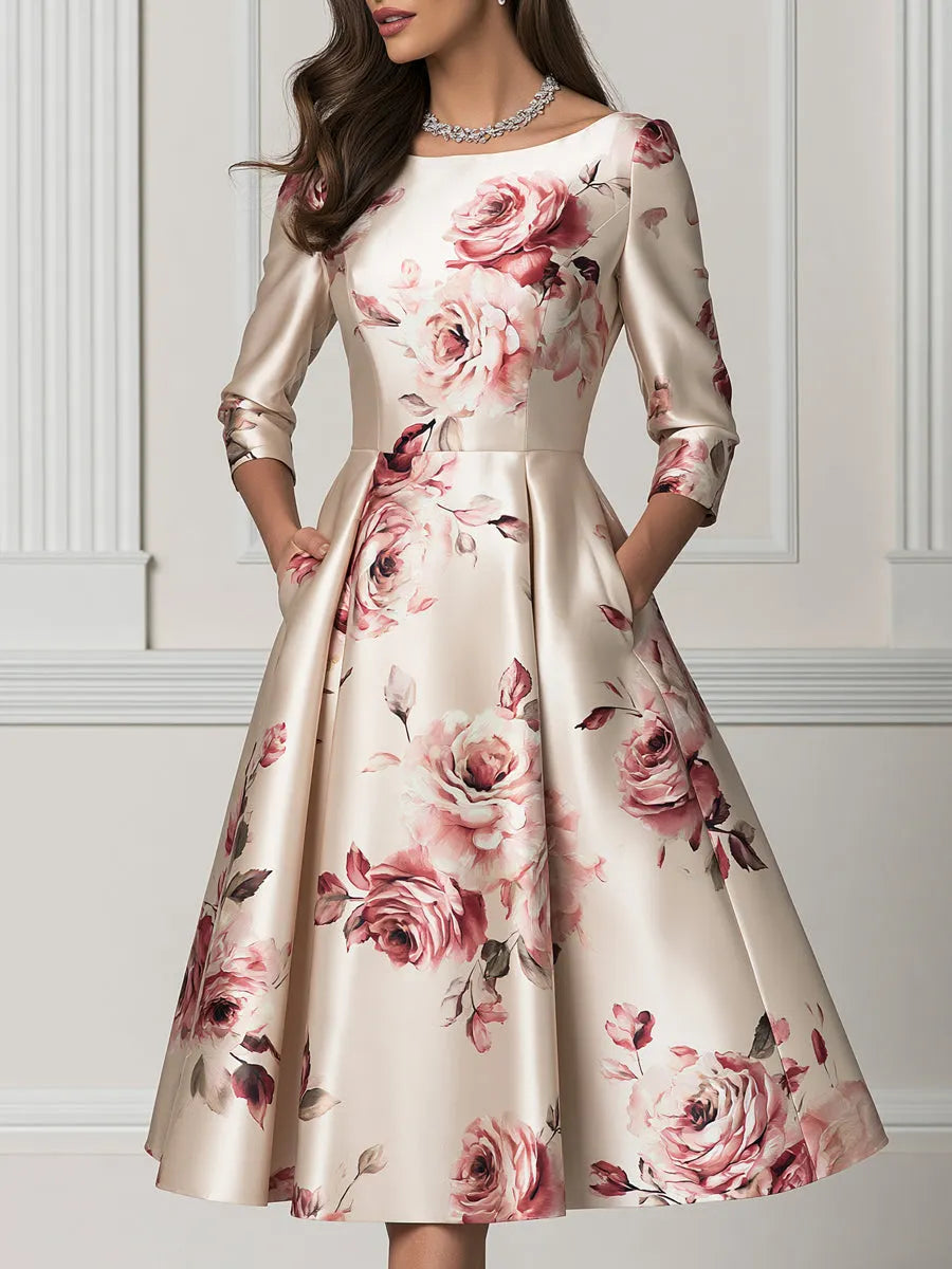 Floral Rose Print 3/4 Sleeve Satin A-Line Midi Dress