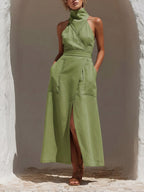 Women's Solid-color Stand-collar Sleeveless Loose-fit Cotton-linen Top & High-waisted A-line Skirt Two-piece Set