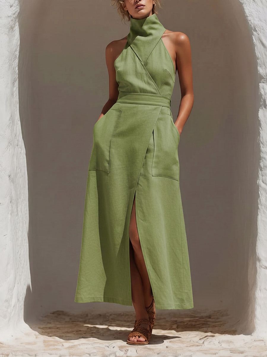 Women's Solid-color Stand-collar Sleeveless Loose-fit Cotton-linen Top & High-waisted A-line Skirt Two-piece Set
