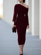 Fringe Cape Off-Shoulder Knit Midi Dress