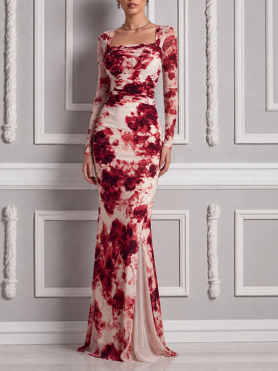 Red Dress Fall Wedding Guest Dress Floral Chiffon Sleeve Slit Maxi Dress