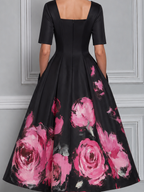 Black Watercolor Pink Rose Print Sweetheart Neck Fit And Flare Midi Dress