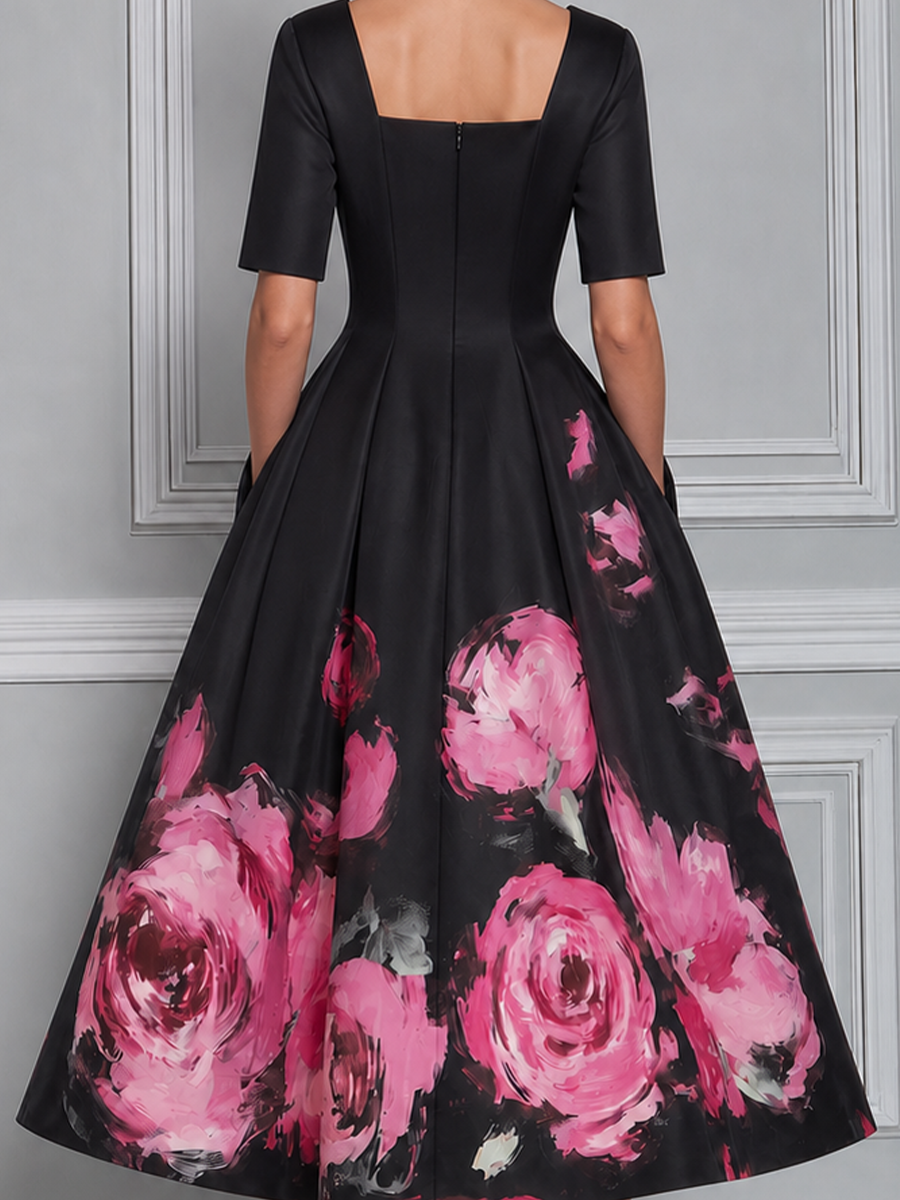 Black Watercolor Pink Rose Print Sweetheart Neck Fit And Flare Midi Dress