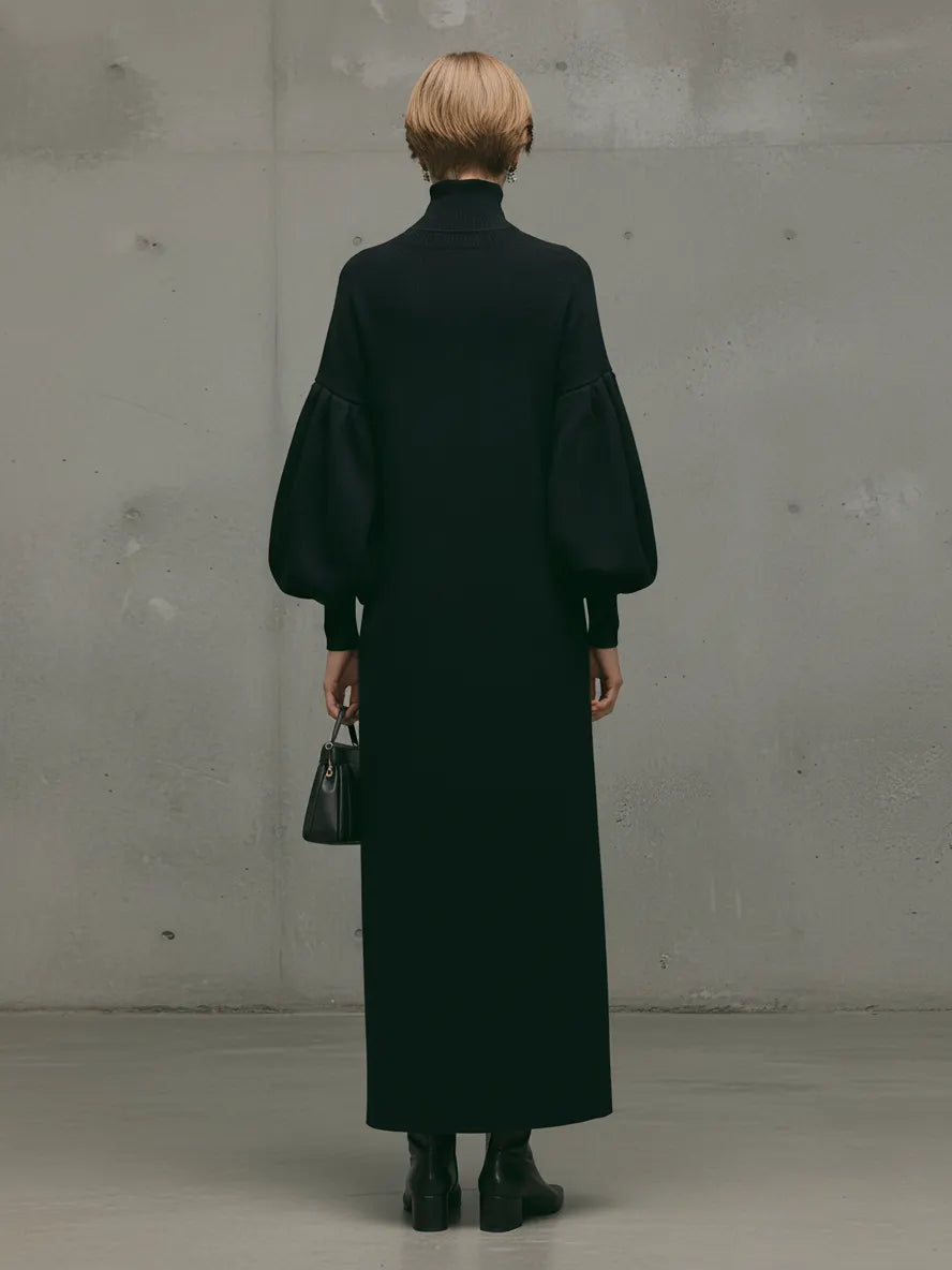 Women's Modern Black Turtleneck Puff-Sleeve Sweatshirt Maxi Dress
