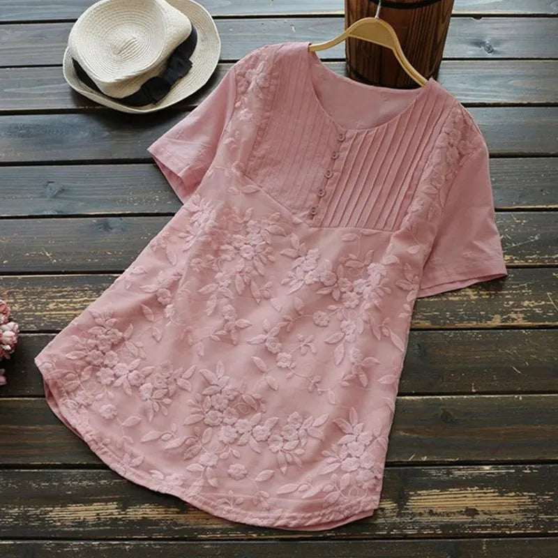 Vintage Lace Floral Pleat Short Sleeve Comfy Blouse