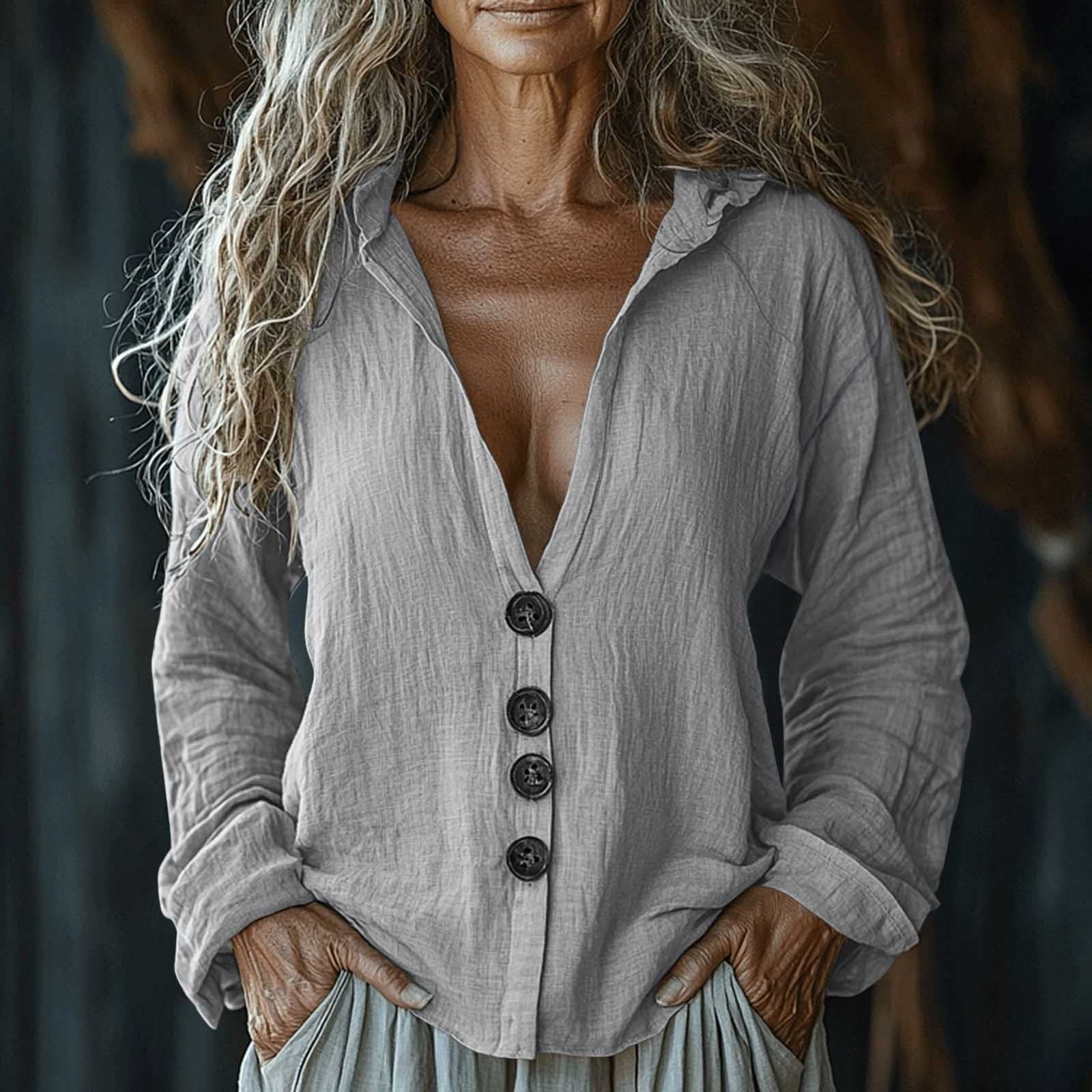 Women's Vintage Solid Color V-neck Linen Shirt