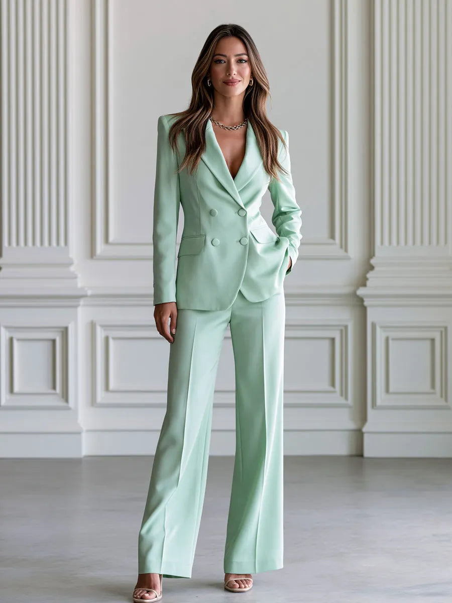 Double Breasted Blazer & Wide Leg Pants Two Piece Suit
