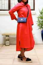 Women's Elegant A-Line Dress with Three-Quarter Sleeves & Practical Pockets