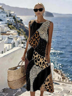 Stylish Sleeveless Leopard-Print Patchwork Resort Dress