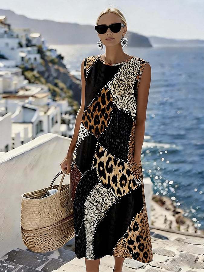 Stylish Sleeveless Leopard-Print Patchwork Resort Dress