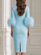 Elegant Feather Cuff 3/4 Sleeve Sheath Cocktail Midi Dress