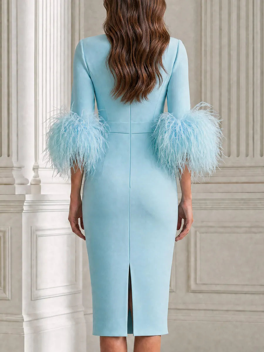 Elegant Feather Cuff 3/4 Sleeve Sheath Cocktail Midi Dress