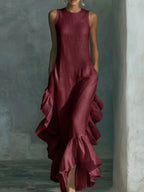 Elegant Ruffled Hem Cotton And Linen Maxi Dress