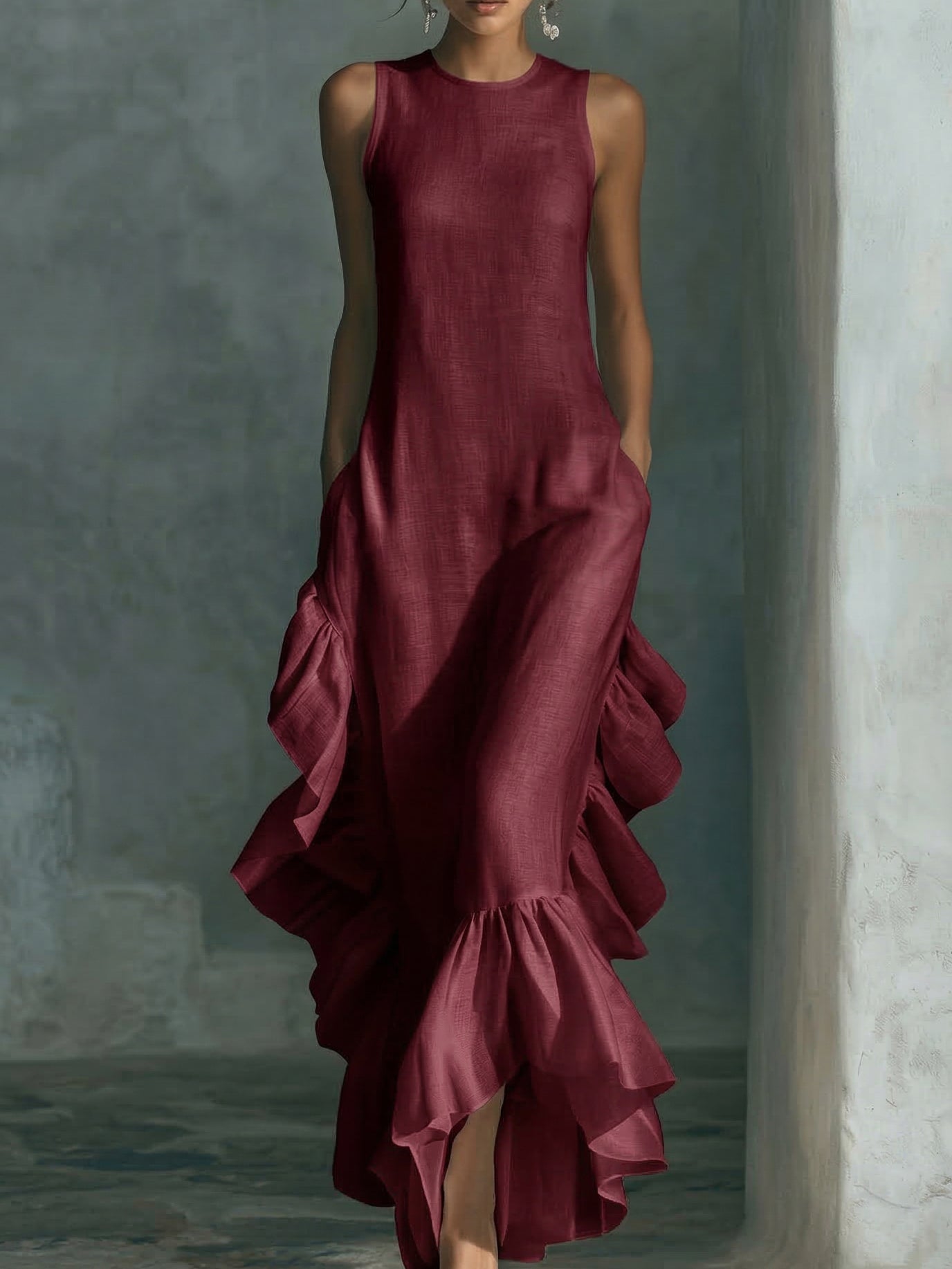 Elegant Ruffled Hem Cotton And Linen Maxi Dress