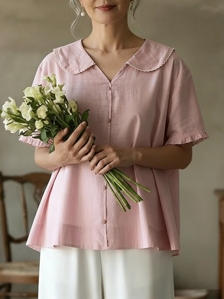 Women's Casual Short-sleeved Sailor Collar Linen Blend Blouse