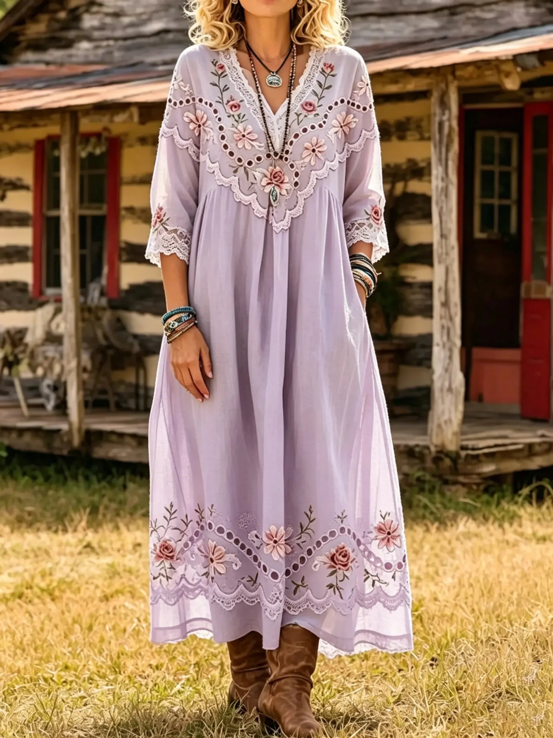 Women's Rose Floral Print 3/4 Sleeve Pocket Dress
