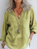 Retro Solid Color Long Sleeve Linen V-neck Shirt