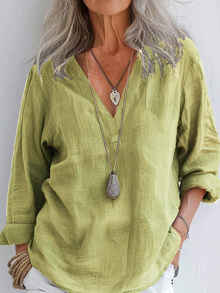 Retro Solid Color Long Sleeve Linen V-neck Shirt