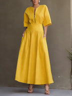Women's Solid-color Round-neck 3/4-sleeve Casual Loose Cotton-linen Dress