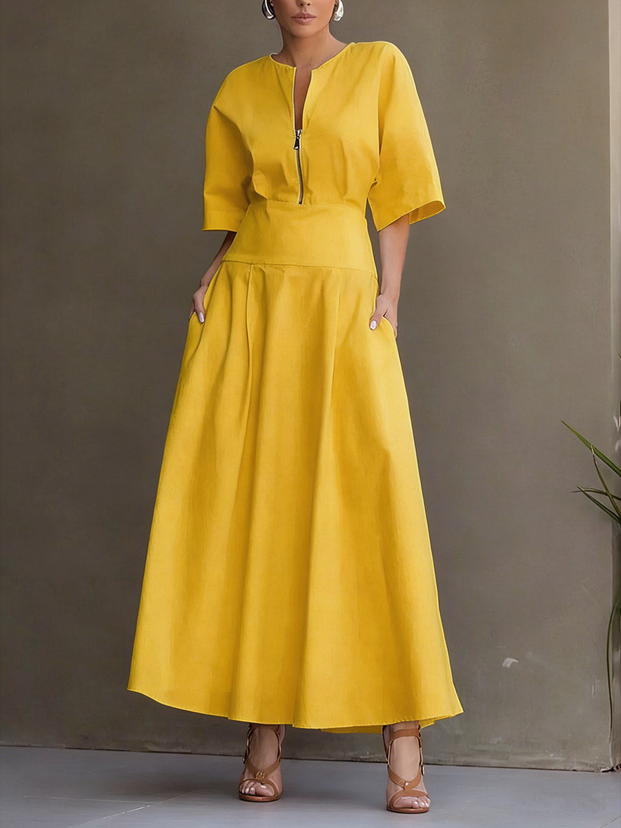 Women's Solid-color Round-neck 3/4-sleeve Casual Loose Cotton-linen Dress