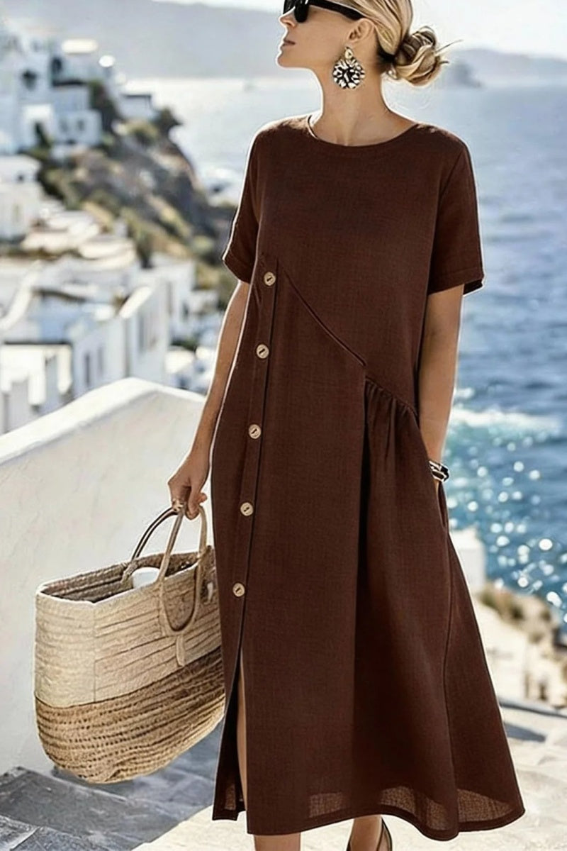 Button-decorated Pleated Pocket Midi Dress
