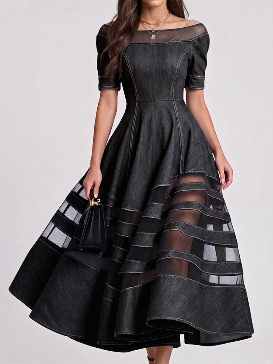 Women's Round-neck Short-sleeve Casual Loose-fit Denim-paneled Dress