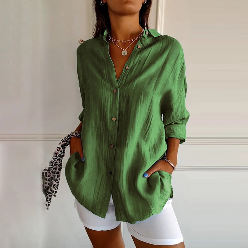 Casual Single Breasted Pleated Lapel Solid Color Cotton Linen Shirt