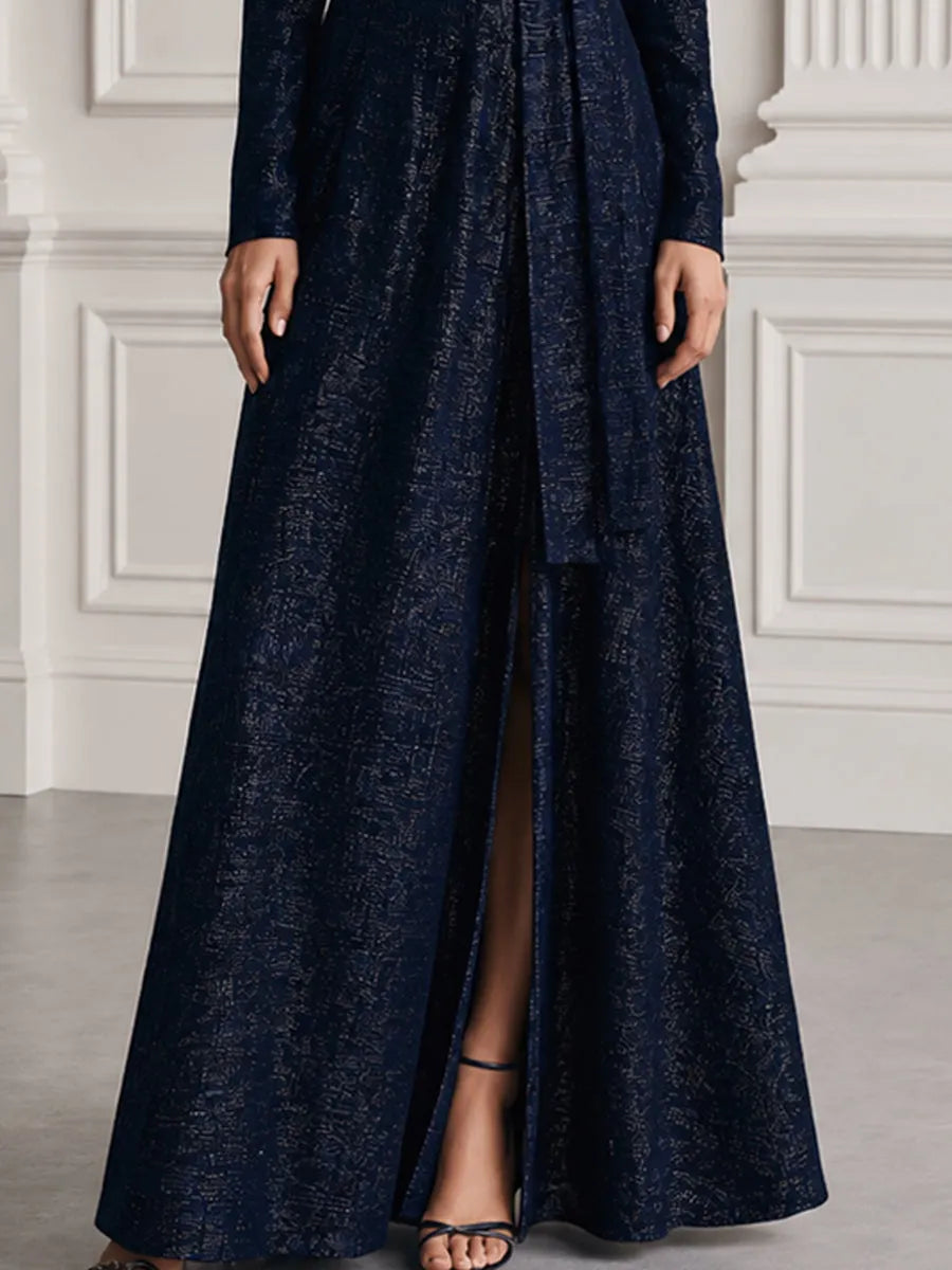 Lurex Surplice V-Neck Circle Buckle Belt Maxi Evening Gown