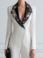 Embellished Contrast Lapel Tailored Wide-Leg Jumpsuit