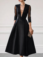 Satin Plunge-Neck Mesh-Sleeve Fit-and-Flare Midi Dress