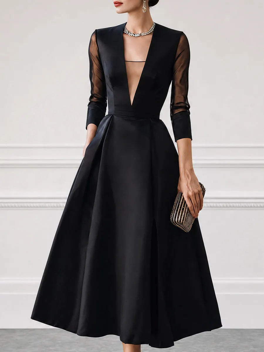 Satin Plunge-Neck Mesh-Sleeve Fit-and-Flare Midi Dress