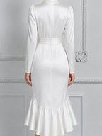White Dress Fall Wedding Guest Dress Satin Wrap Ruffle Midi Dress