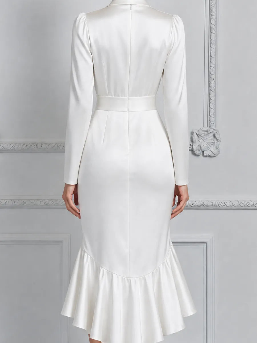 White Dress Fall Wedding Guest Dress Satin Wrap Ruffle Midi Dress