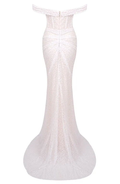 Bardot Sequin Draped Maxi Dress White