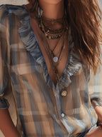 Retro Plaid Chiffon Blouse With Half Sleeves And Ruffle Details