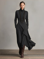 Women's Purple Bohemian Cotton Stretch Turtleneck Asymmetrical Draped Maxi Dress