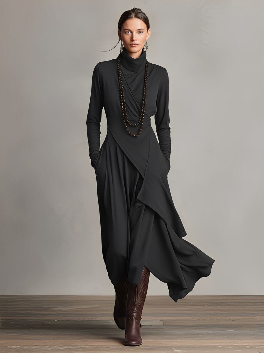 Women's Purple Bohemian Cotton Stretch Turtleneck Asymmetrical Draped Maxi Dress