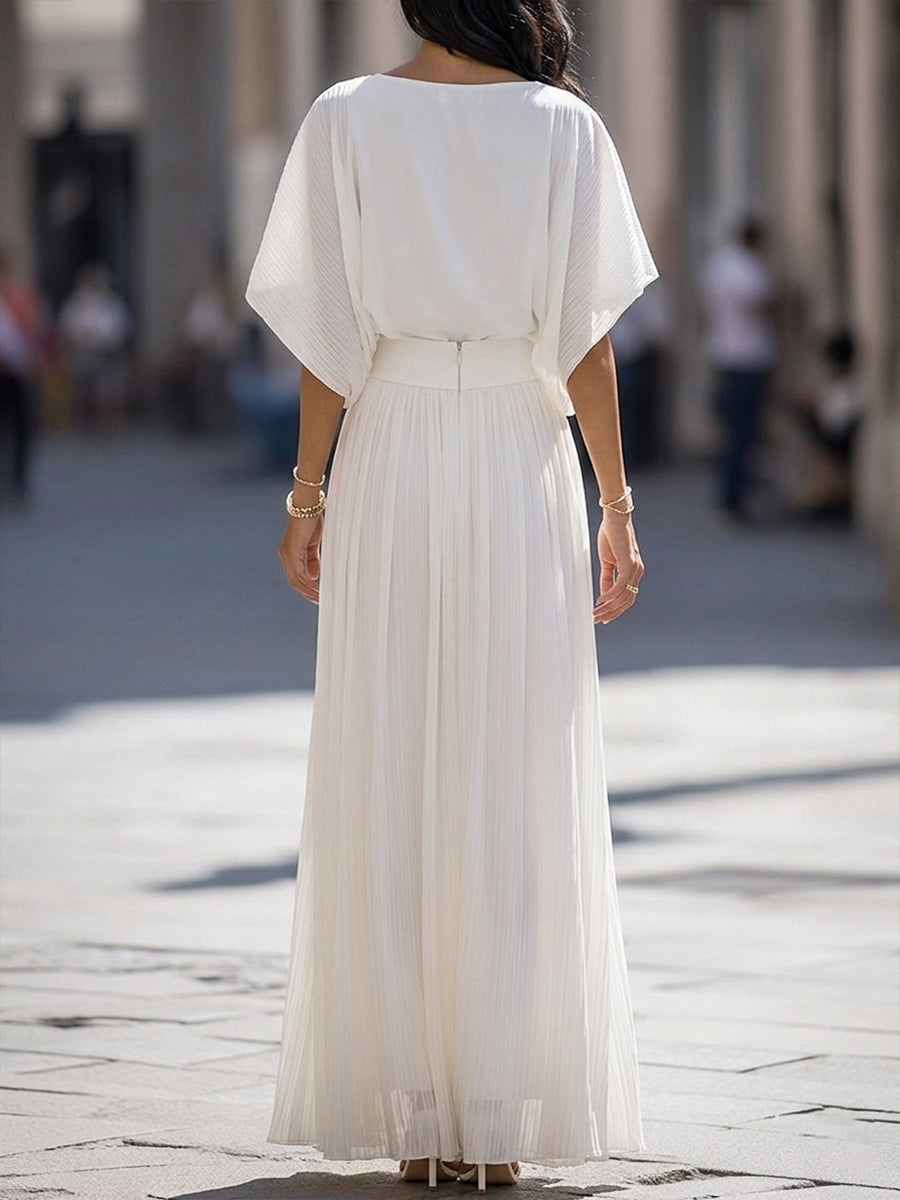 Pleated Shawl-Sleeve High-Waisted Flowy Maxi Dress Set
