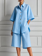 Sky Blue Linen Shirt & Bermuda Shorts Two-Piece Set