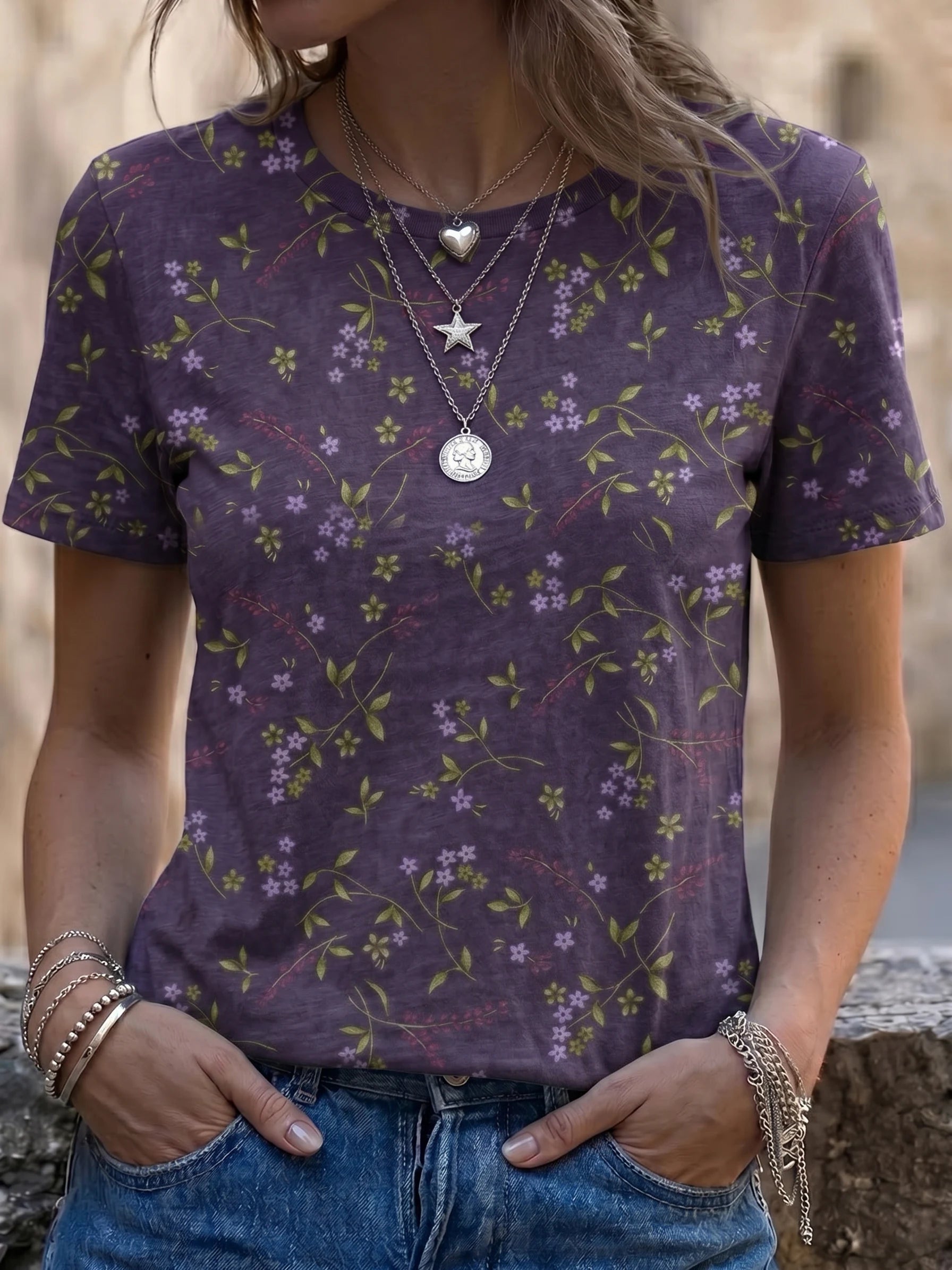 Purple Floral Print Artistic Print Round-neck Short-sleeve Slim-fit T-shirt