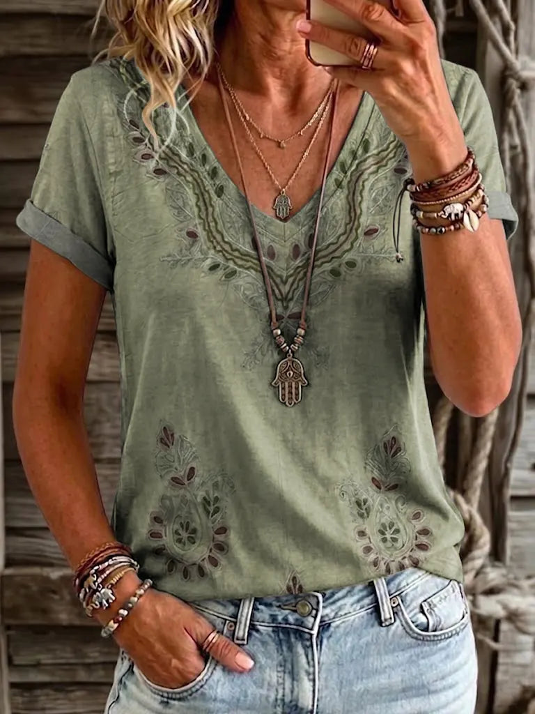 Ethnicity Texture Flowers Women's V-neck Print Casual T-shirt