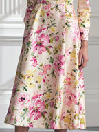 Watercolor Floral Print Satin High Waist A Line Midi Dress