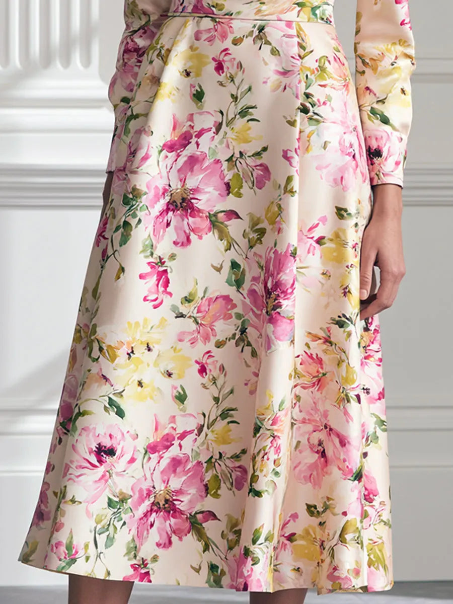Watercolor Floral Print Satin High Waist A Line Midi Dress