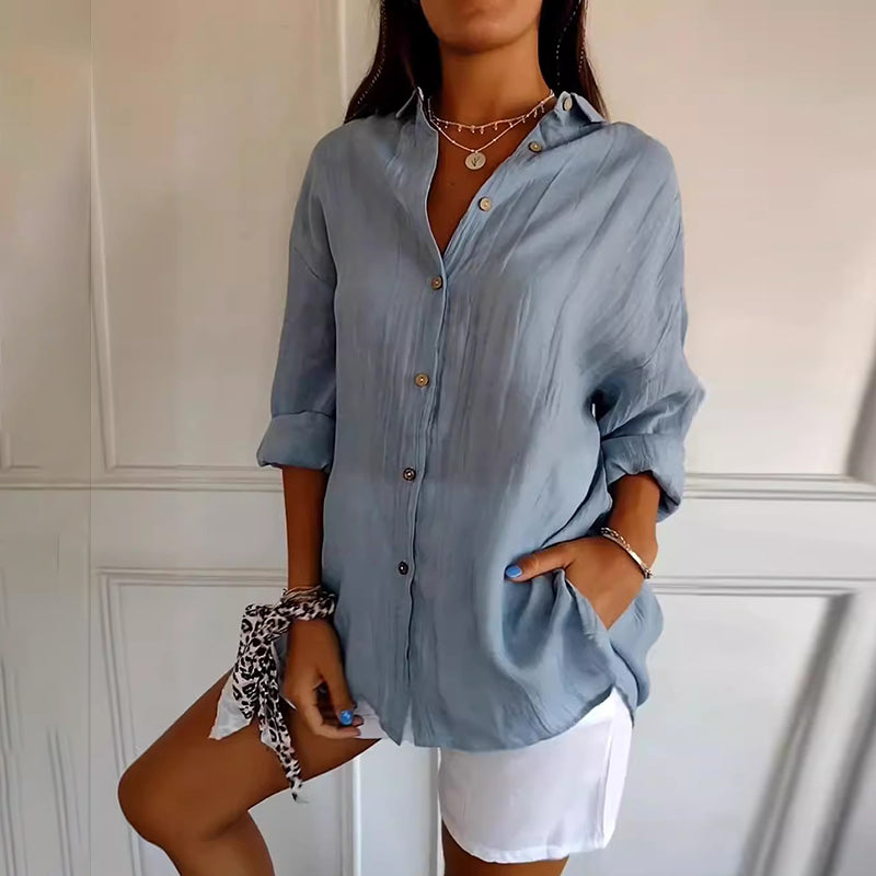 Casual Single Breasted Pleated Lapel Solid Color Cotton Linen Shirt