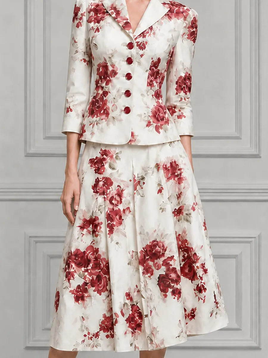 Ivory Watercolor Red Rose Print Tailored Blazer & Pleated A-Line Midi Skirt Two-Piece Suit Set