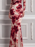 Red Dress Fall Wedding Guest Dress Floral Chiffon Sleeve Slit Maxi Dress