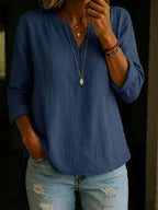 Women's Solid Color V-neck Long-sleeved Casual Loose Cotton And Linen Top