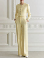 Tweed Jewel Button Crop Jacket & Wide Leg Pants Two-Piece Set
