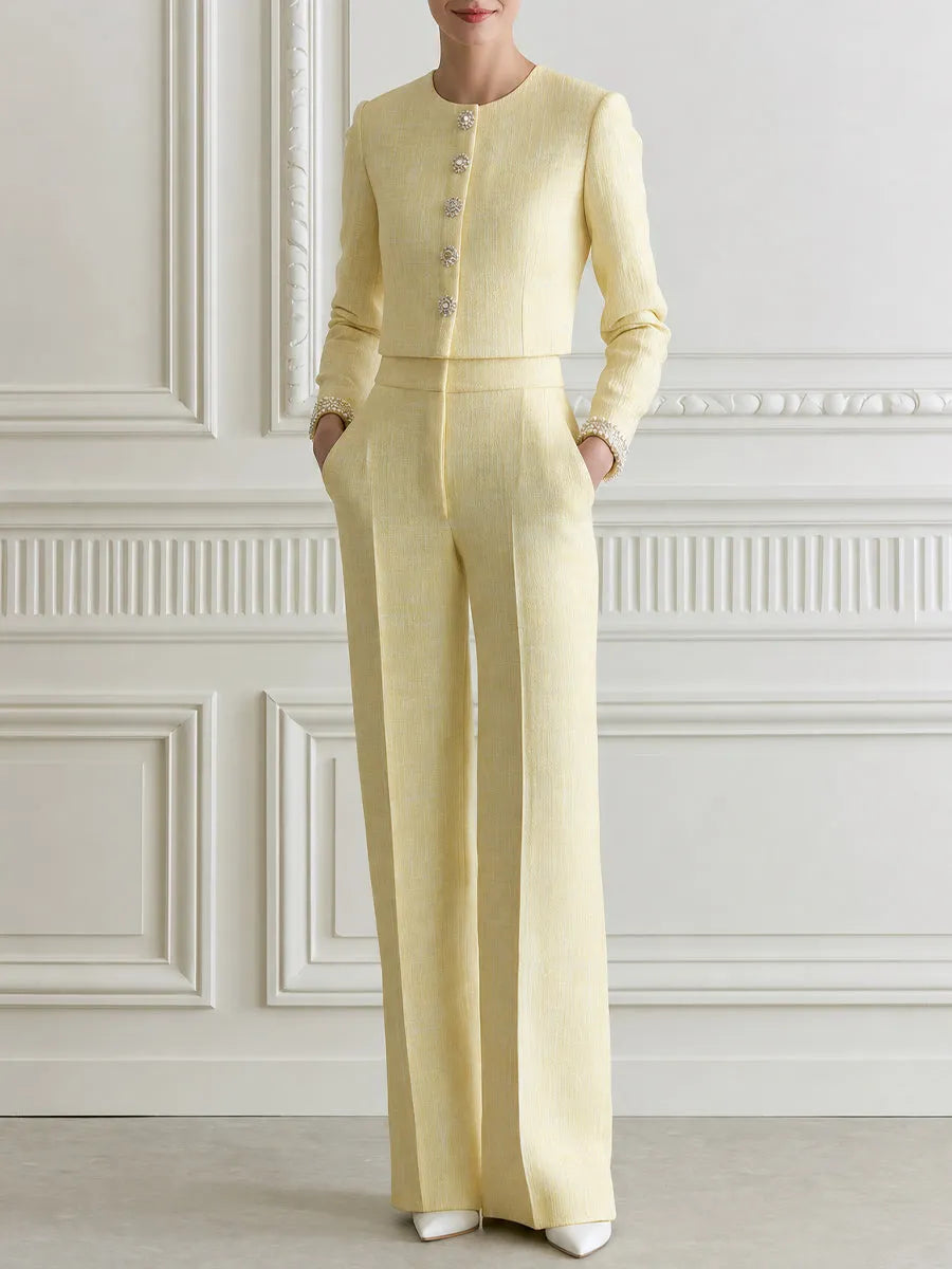 Tweed Jewel Button Crop Jacket & Wide Leg Pants Two-Piece Set